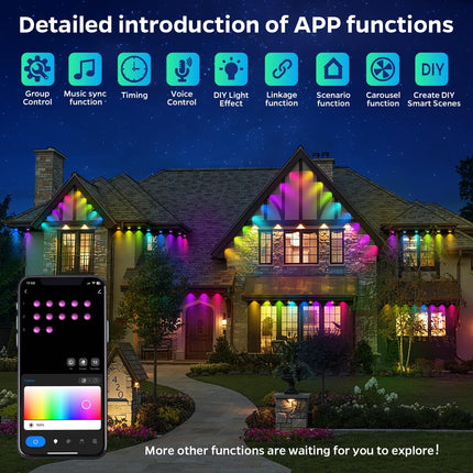 Permanent Outdoor Lights, 100ft with 72 LED Eaves Lights IP67 Waterproof, Smart RGB Outdoor Lights with 54 Scene Modes, Music Sync Work with Alexa Google for Halloween Christmas Decor Party Home Decor