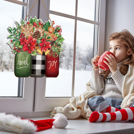 Whaline Christmas Wooden Hanging Sign Xmas Floral Welcome Door Sign Christmas Noel Joy Mason Jar Wood Door Hanger for Christmas Year Farmhouse Home Office Window Decoration