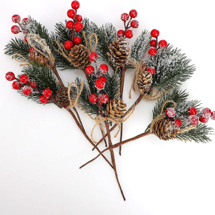 GREENWISH 10Pcs Christmas Pine Cone Picks Decorations, Christmas Red Berry Stems Wreath Picks Holly Spray for Winter Decoration Holiday Crafts, Xmas Decorations