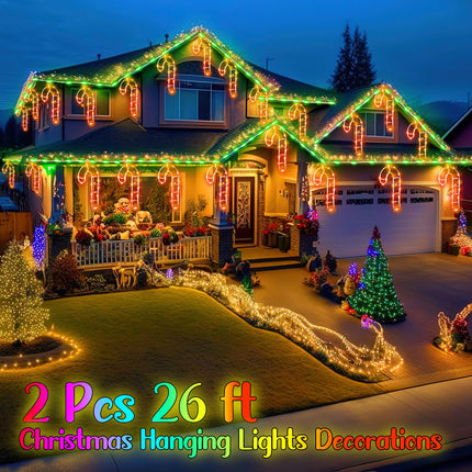 2 Pcs 26 ft Christmas Candy Cane String Lights Outdoor Christmas Hanging Lights Decorations with 6 Light up 360 Bulbs Candy Cane Icicle Hanging Lighted for Rooftop Tree Eaves Outdoor Holiday