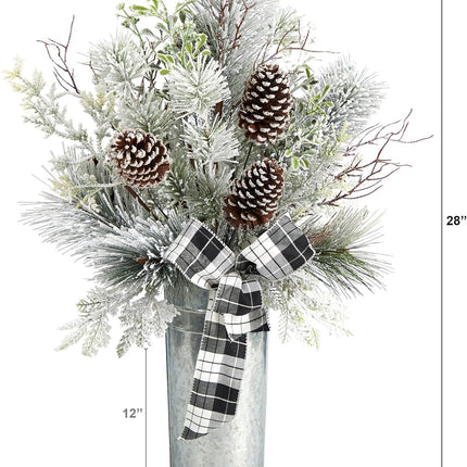 Nearly Natural 28in. Frosted Greenery and Pinecone with Plaid Bow Artificial Christmas Arrangement in Decorative Tin