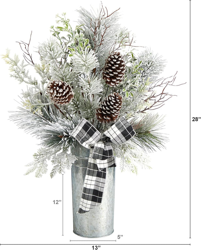Nearly Natural 28in. Frosted Greenery and Pinecone with Plaid Bow Artificial Christmas Arrangement in Decorative Tin