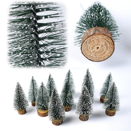 12pcs 4inch Mini Christmas Tree Bottle Brush Chrismas Village Trees Miniature Chrismas Tree Decoration-Plastic Christmas Trees with Wooden Base