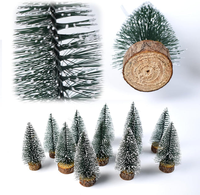 12pcs 4inch Mini Christmas Tree Bottle Brush Chrismas Village Trees Miniature Chrismas Tree Decoration-Plastic Christmas Trees with Wooden Base