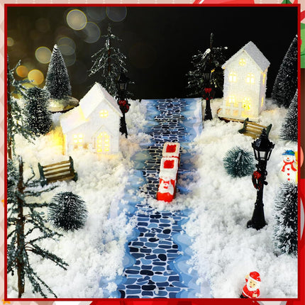 22 Pcs Christmas Village Sets Accessories Miniature Pine Trees Christmas Village Frosted Christmas Tree Figurine Streetlight Lamps Village Street Mat Park Bench Seat for Xmas Winter Decor