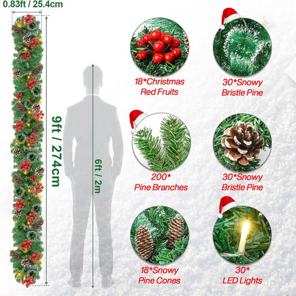 Christmas Garland Decorations with Lights: 9 FT Lighted Battery Operated Garland with Pine Cones Red Berries, Christmas Decor Indoor Outdoor for Mantle Stairs Door Fireplace Staircase Window Railing