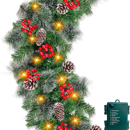 6 Ft by 10 Inch Pre-lit Artificial Christmas Garland 30 Warm Lights Timer 8 Modes Battery Powered 170 Branch Snowy Bristle Pine 132 Red Berries 12 Pinecone Xmas Decoration Indoor Home Mantle Fireplace