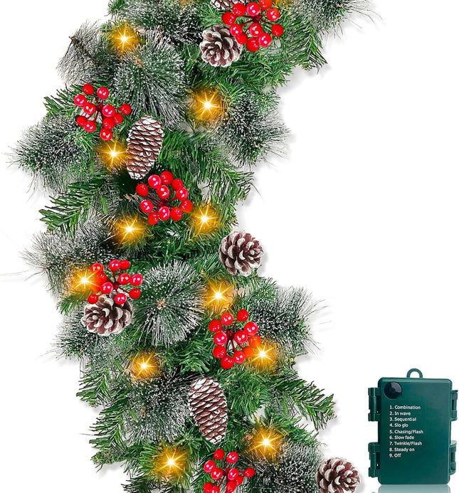 6 Ft by 10 Inch Pre-lit Artificial Christmas Garland 30 Warm Lights Timer 8 Modes Battery Powered 170 Branch Snowy Bristle Pine 132 Red Berries 12 Pinecone Xmas Decoration Indoor Home Mantle Fireplace