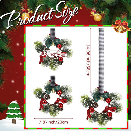 Zeyune 12 Pcs Christmas Kitchen Cabinet Wreaths with Plaid Bow Ribbon Hanging Cabinet Doors Wreaths Decorative for Kitchen Window Outdoor Indoor Holiday Decor, 14.96 x 7.87'' (Simple Style)
