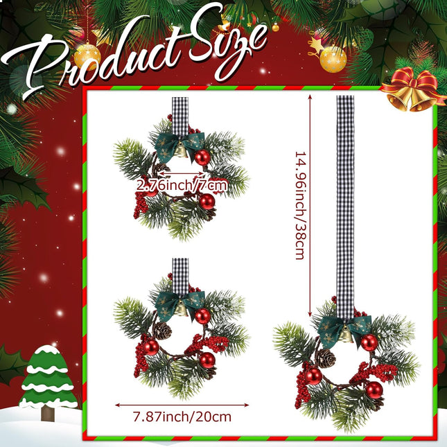 Zeyune 12 Pcs Christmas Kitchen Cabinet Wreaths with Plaid Bow Ribbon Hanging Cabinet Doors Wreaths Decorative for Kitchen Window Outdoor Indoor Holiday Decor, 14.96 x 7.87'' (Simple Style)