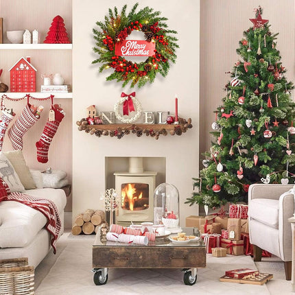 24 Inch Christmas Wreath with Lights Pinecone Berries, Christmas Wreaths for Front Door and Indoor Party Wall Table Home Decor