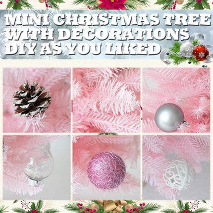 18inch Pink Mini Christmas Tree Small Christmas Tree with Lights and Silver Rotate Music Box Tree Base Pre-Decorated Table Christmas Tree Artificial Xmas Tree with Ornaments Add Festive Charm