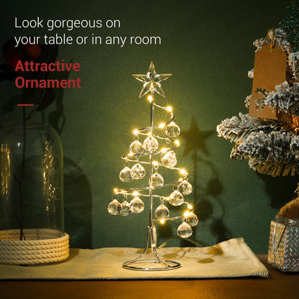 Shinowa Christmas Tree Lamp, Crystal Spiral Christmas Tree with Glittering Star, 10 Inch Battery Operated Silver Christmas Tree Light with Metal Stand for Christmas Table Decoration, Silver