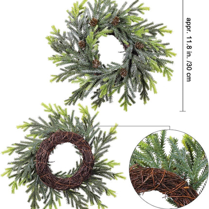 4 pcs Artificial Frosted Cedar and Pine Cone Candle Rings Christmas Candle Holder Rings Faux Cedar Twigs Wreath Mini Window Wreaths 11.8" Wide for Christmas Holiday Winter Season Decoration