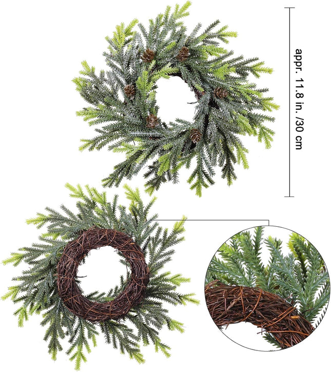 4 pcs Artificial Frosted Cedar and Pine Cone Candle Rings Christmas Candle Holder Rings Faux Cedar Twigs Wreath Mini Window Wreaths 11.8" Wide for Christmas Holiday Winter Season Decoration