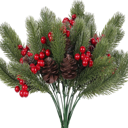 4pcs Artificial Christmas Picks Pine Branches Picks Spray with Red Berry Stem Pine Cones for Crafts Christmas Floral Arrangement Christmas Tree Ornaments Winter Holiday Season Decor