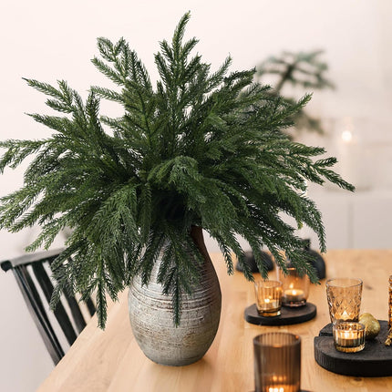 10PCS Christmas Norfolk Pine Stems, Real Touch 15 Inch Artificial Norfolk Pine Branches, Fake Greenery Pine Picks for Vase DIY Holiday Winter Table Indoor Decor(Green)