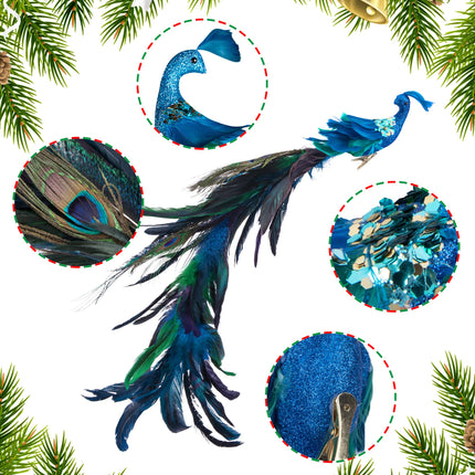 2pcs Large Artificial Peacock Ornaments,23" Glitter Blue Peacork with Long Tail,Christmas Peacock Cilp On Ornaments for Xmas Tree Decoration (Peacock Ornaments)