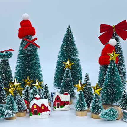 Mini Christmas Trees Tabletop Decorations, 79Pcs Artificial Christmas Tree Bottle Brush Trees Set with Star Tree Toppers Mini Christmas Wreath Merry Christmas Sign DIY Accessories Ornaments