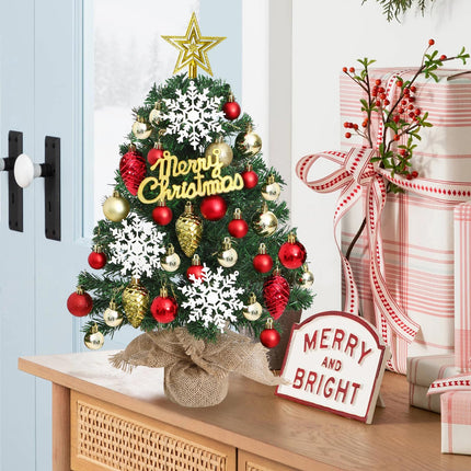 24Inch Mini Table Top Christmas Tree with 30LED Lights Small Christmas Tree with Star Treetop Snowflakes and 30 Ball Ornaments Prelit Desk Christmas Tree for DIY Xmas Tree Christmas Decor