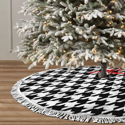 Xmas Tree Skirt 36" Inch,Black and White Houndstooth White Tassel Edge Rustic Christmas Tree Skirts for Party Holiday Decorations Xmas Ornaments