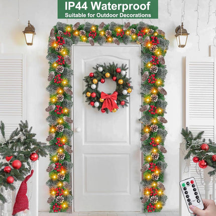 [ Remote Control & Timer & 8 Modes ] 9Ft by 10 Inch 50 LED Prelit Christmas Garland Decorations Warm White Lights Thick 300 Snowy Tips 198 Red Berry 18 Pinecone Xmas Decor Garland Indoor