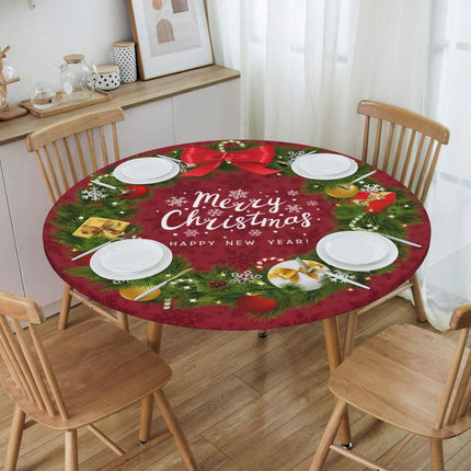 Merry Christmas Garland Round Fitted Tablecloth with Elastic Edged Decorative Kitchen Dining Table Cloth Cover Fits 45-50" Round Table (45-50)