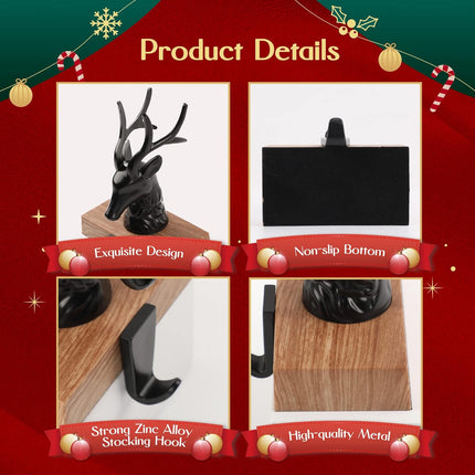 Christmas Stocking Holders for Mantle Set of 2, 3D Reindeer Xmas Fireplace Hanger Hooks Holiday Mantel Garland Clips Metal Grips Black