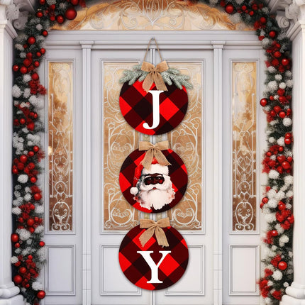 Christmas Black Santa Joy Wood Sign African American Christmas Decoration Red and Black Buffalo Check Plaid Xmas Hanging Ornaments for Xmas Year Winter Home Party Supplies