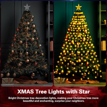 Christmas Tree Lights with Star, 400LED Warm Yellow Christmas Lights, 6.6FTx16 Lines Led String Lights, with 8 Modes & Memory Function, Christmas Lights for Tree Indoor Outdoor Decoration