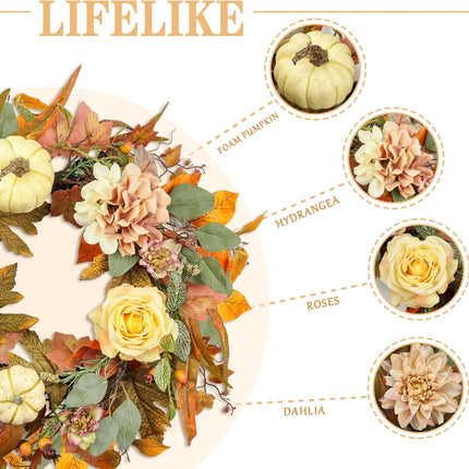 Fall Wreath, Pumpkin Fall Wreaths for Front Door, 22 inch Autumn Wreath for Indoor Outdoor Harvest Festival Thanksgiving Christmas and Fall Decorations