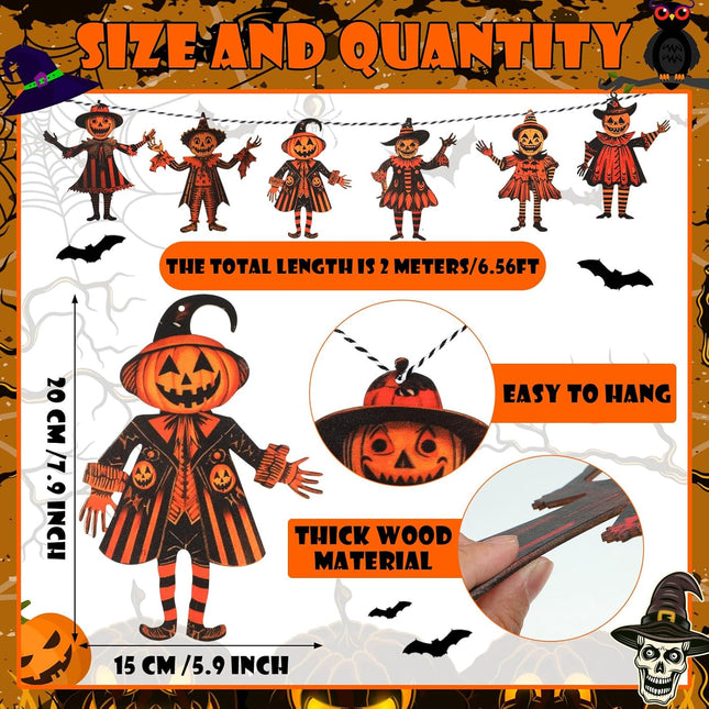 6.56 ft Halloween Decorations Halloween Vintage Pumpkin Garland 7.87 Inch Tall Wooden Spooky Pumpkin Hanging Decorations Halloween Banner Photo Booth Backdrop for Halloween Party Wall Decor