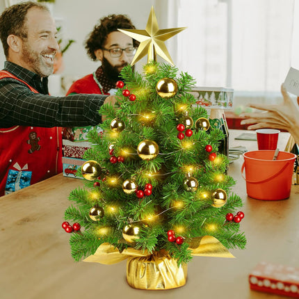 20" Mini Christmas Tree, Artificial Prelit Small Christmas Tree, Tabletop Christmas Tree Decorations with Warm Lights, Treetop Star, Gold Ornaments, Red Berries and Cloth Bag Base
