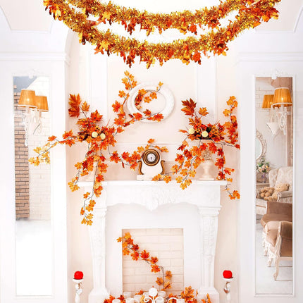 Dingion Thanksgiving 6 Pcs/ 39 Ft Fall Leaves Orange Tinsel Garland Gold Maple Leaf Metallic Twist Garland Decor Pumpkin Autumn Christmas Party Supplies for Home Door Fall Decoration(Maple Leaf)