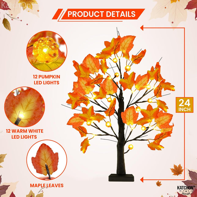KatchOn, Artificial Maple Tree with Lights - 24 Inch 24 LED Lighted Fall Tree Light Up Maple Leaf Tree for Fall Decorations for Home, Office Autumn Trees With Lights for Thanksgiving Decorations