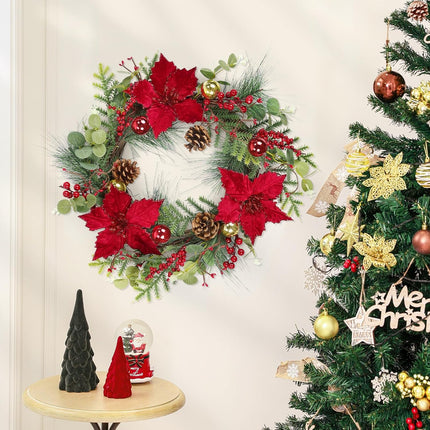 SHACOS 20 inch Artificial Christmas Wreath with Poinsettia Decorated with Green Eucalyptus Pine Cones Red Berries Christmas Balls Pine Needle, Xmas Wreaths for Indoor Outdoor Festival Home Decor