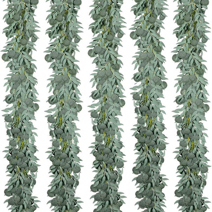 Kisflower 5 Pack 6.56FT Eucalyptus Garlands Artificial Greenery with Willow Leaves Fake Hanging Plants Vines for Wedding Arch Decorations Party Hotel Room Table Home Garden Office Wall Decor