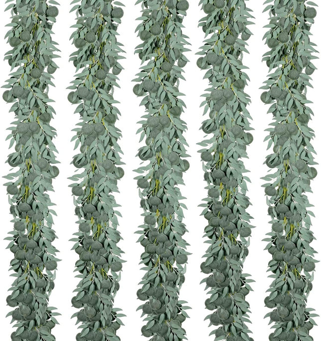 Kisflower 5 Pack 6.56FT Eucalyptus Garlands Artificial Greenery with Willow Leaves Fake Hanging Plants Vines for Wedding Arch Decorations Party Hotel Room Table Home Garden Office Wall Decor