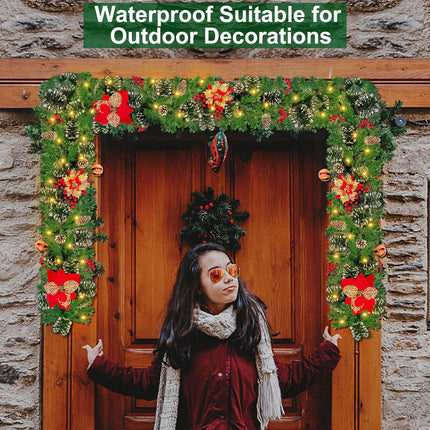 6 Ft by 10 Inch Prelit Christmas Garland with 30 Lights Timer 8 Modes 6 Poinsettia 4 Ball Ornaments 170 Branch Snowy Bristle 88 Red Berries 8 Pinecones Battery Operated Cedar Garland Home Indoor Decor