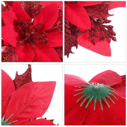 STOBOK Christmas Glitter Poinsettia Artificial Flowers12 Pack Christmas Tree Ornaments for Wreaths Garland Holiday Party, Xmas Decoration, Red 6 Inch (Red)