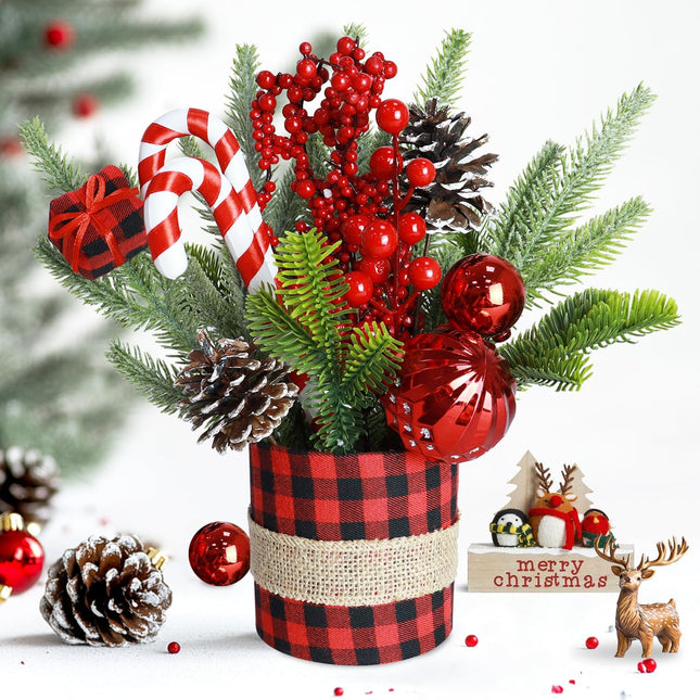 Small Tabletop Christmas Tree Artificial Mini Christmas Trees Small Red Buffalo Plaid Christmas Tree with Ornaments Desktop Xmas Tree Christmas Table Centerpieces for Xmas Holiday Decorations