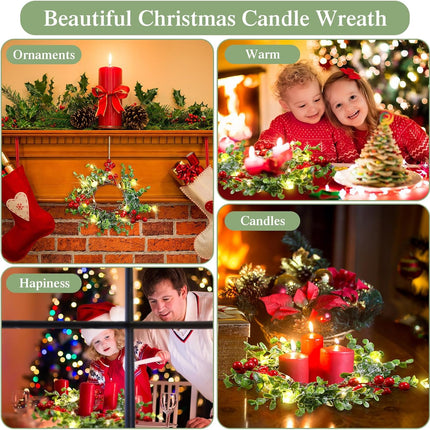 Lyrow 24 Pcs Christmas Candle Rings Artificial Candle Wreaths Garland Simulation Red Berries Xmas Mini Candle Holder for Pillars Rustic Wedding Centerpiece Table Closet Decorations