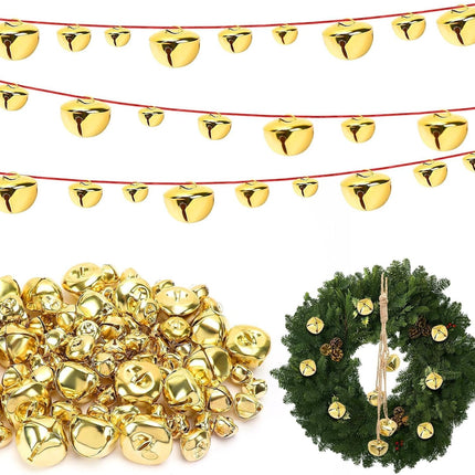 MARFOREVER Christmas Jingle Bells Garland DIY, 75 Pcs 1.5/1/0.8 inch Gold Christmas Craft Bells with Ribbon and Rope Hanging Sleigh Bells for Xmas Tree Ornament Winter Holiday Party Home Decorations
