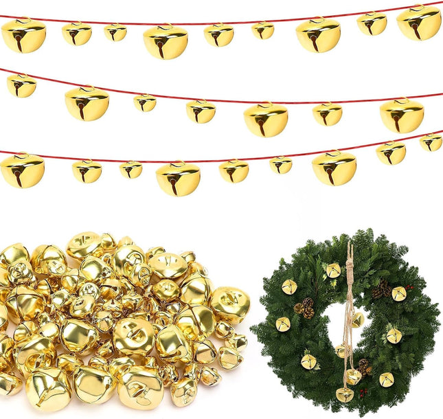 MARFOREVER Christmas Jingle Bells Garland DIY, 75 Pcs 1.5/1/0.8 inch Gold Christmas Craft Bells with Ribbon and Rope Hanging Sleigh Bells for Xmas Tree Ornament Winter Holiday Party Home Decorations