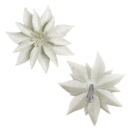 BANBERRY DESIGNS White Poinsettia Flower Christmas Ornaments Set of 24 Glittered Clip-On Accessories Floral Accessories Xmas Decorations Each Measures 4" D