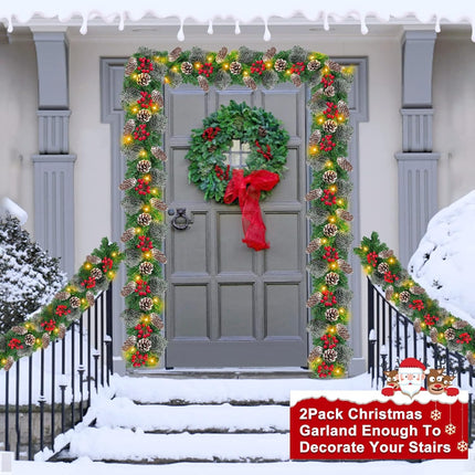 2 Pack Prelit Christmas Garland Each 9 Ft 100 Lights Timer 8 Mode, Cedar Garland Thick 300 Tips Snowy Bristle Pine 198 Berry 18 Pinecones Battery Operated Mantle Xmas Decoration Total 18 Ft 200 LED