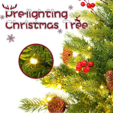 2 Set 30Inch Outdoor Christmas Tree, Pre-Lit 50LED Solar Power Christmas Porch Decorations Outdoor Tree, Hundreds Branch Tips Lush, Pine Cones, Red Berries and Red Ball (Classic Green)