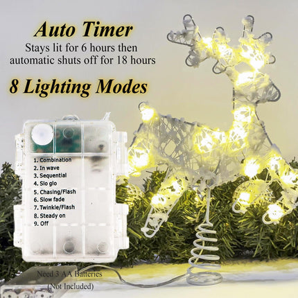 Christmas Tree Topper Lighted, 10" Christmas Reindeer Tree Topper with Warm Lights, Battery Operated Xmas Tree Topper with Timing Battery Case, White Christmas Deer Winter Decorations