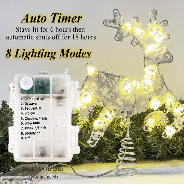 Christmas Tree Topper Lighted, 10" Christmas Reindeer Tree Topper with Warm Lights, Battery Operated Xmas Tree Topper with Timing Battery Case, White Christmas Deer Winter Decorations