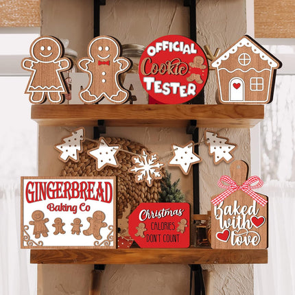 Jetec 12 Pcs Christmas Tiered Tray Decorations Set Christmas Wooden Signs Tiered Tray Decor Xmas Gingerbread Man Snowflakes Pink Gnome Sign Rustic Farmhouse Decor for Home Table Shelf(Santa)